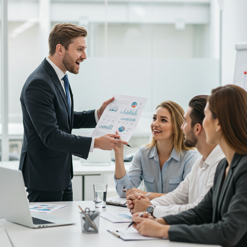 salesman pitching potential clients in a meeting room.