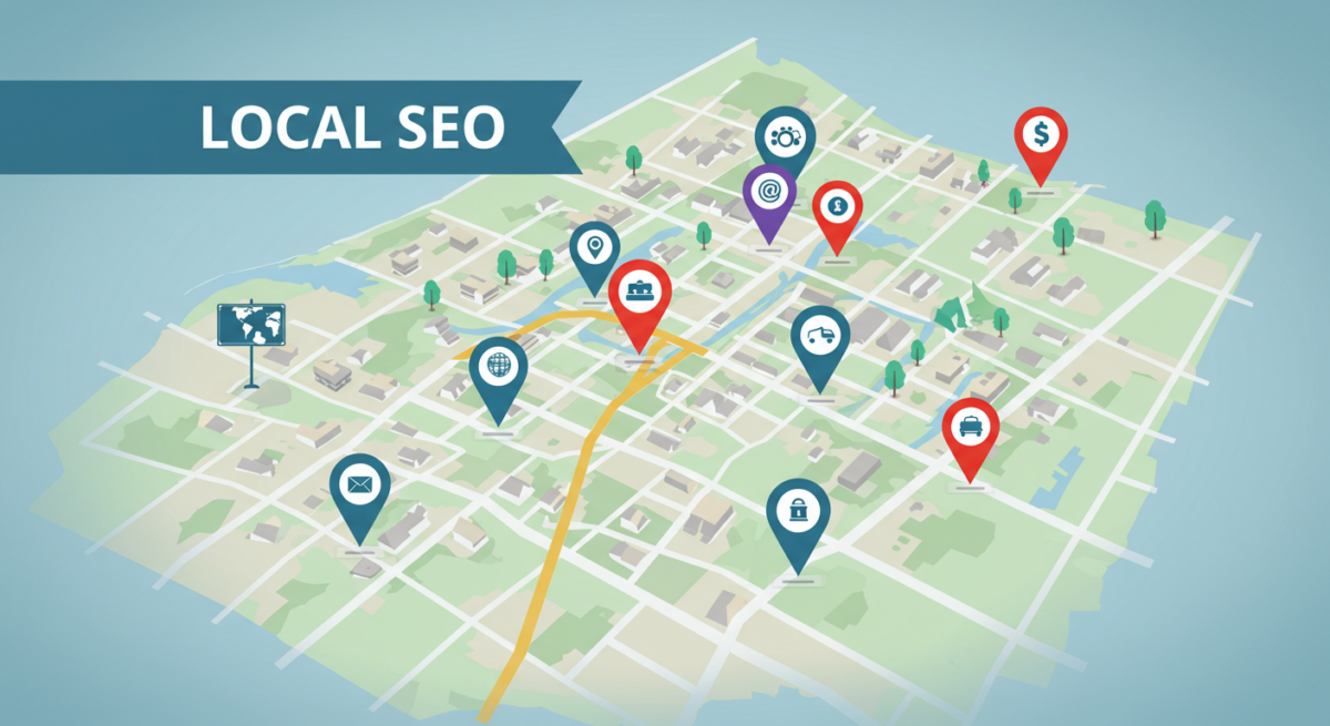 Map highlighting local SEO locations with icons.