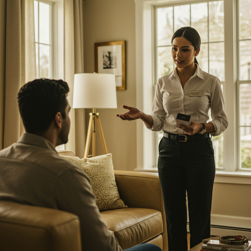 Woman presenting sales introduction to seated man in living room.